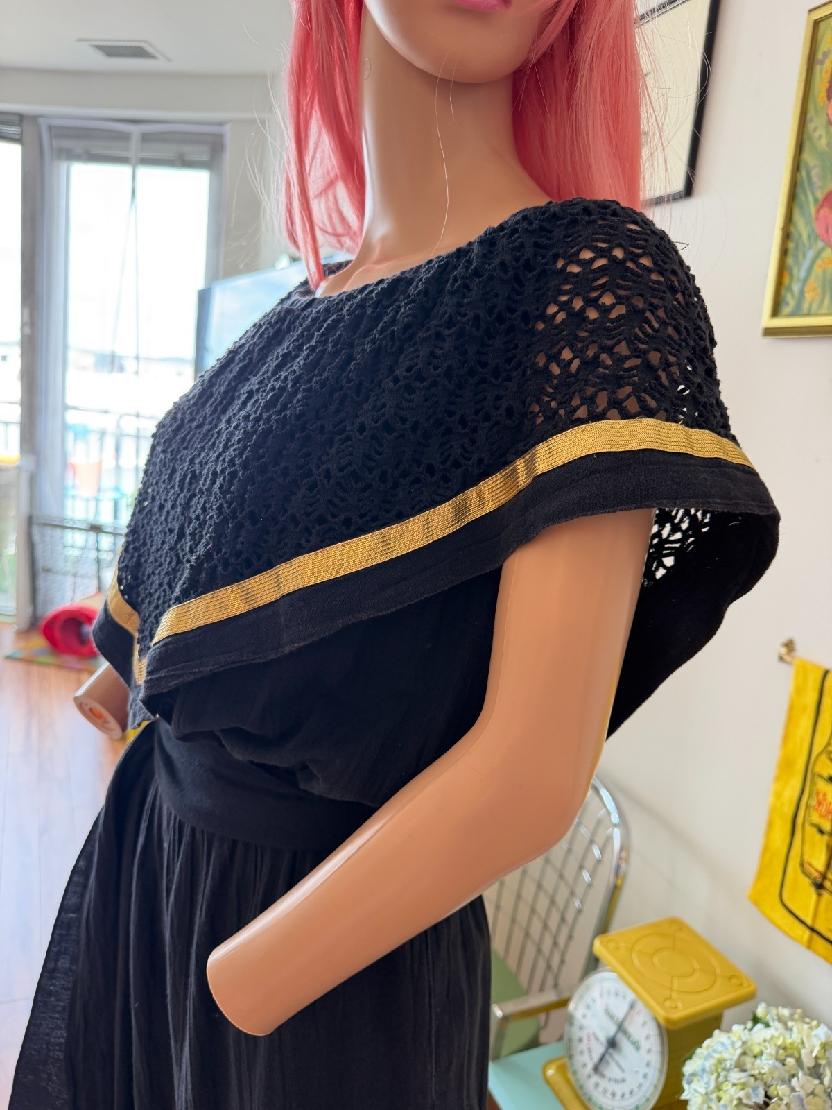 🖤 Vtg 70s Leisure Living Black 100% Cotton Bib Boho Hippie Jumpsuit Romper S