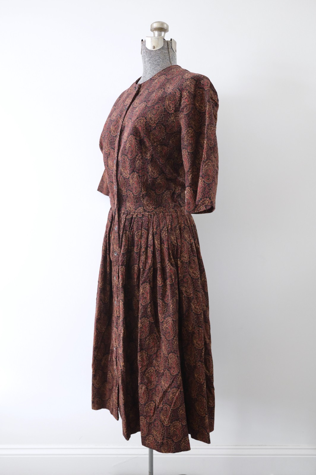 1960s COS COB Black Brown Red Paisley Corduroy Fit and Flare Button Front Dress