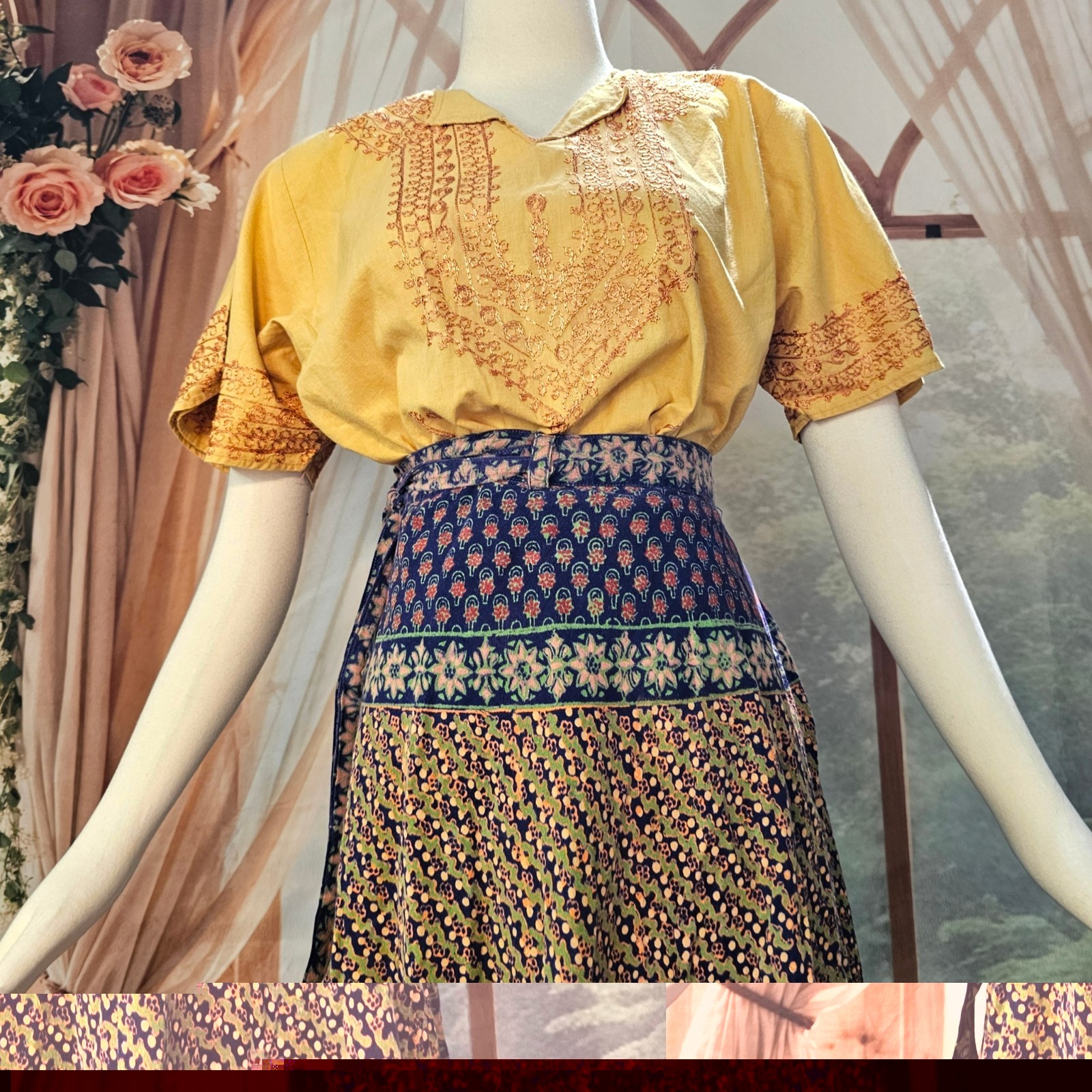 Vintage 1970s Blouse Top Shirt Mustard Yellow Embroidered India Short Sleeve