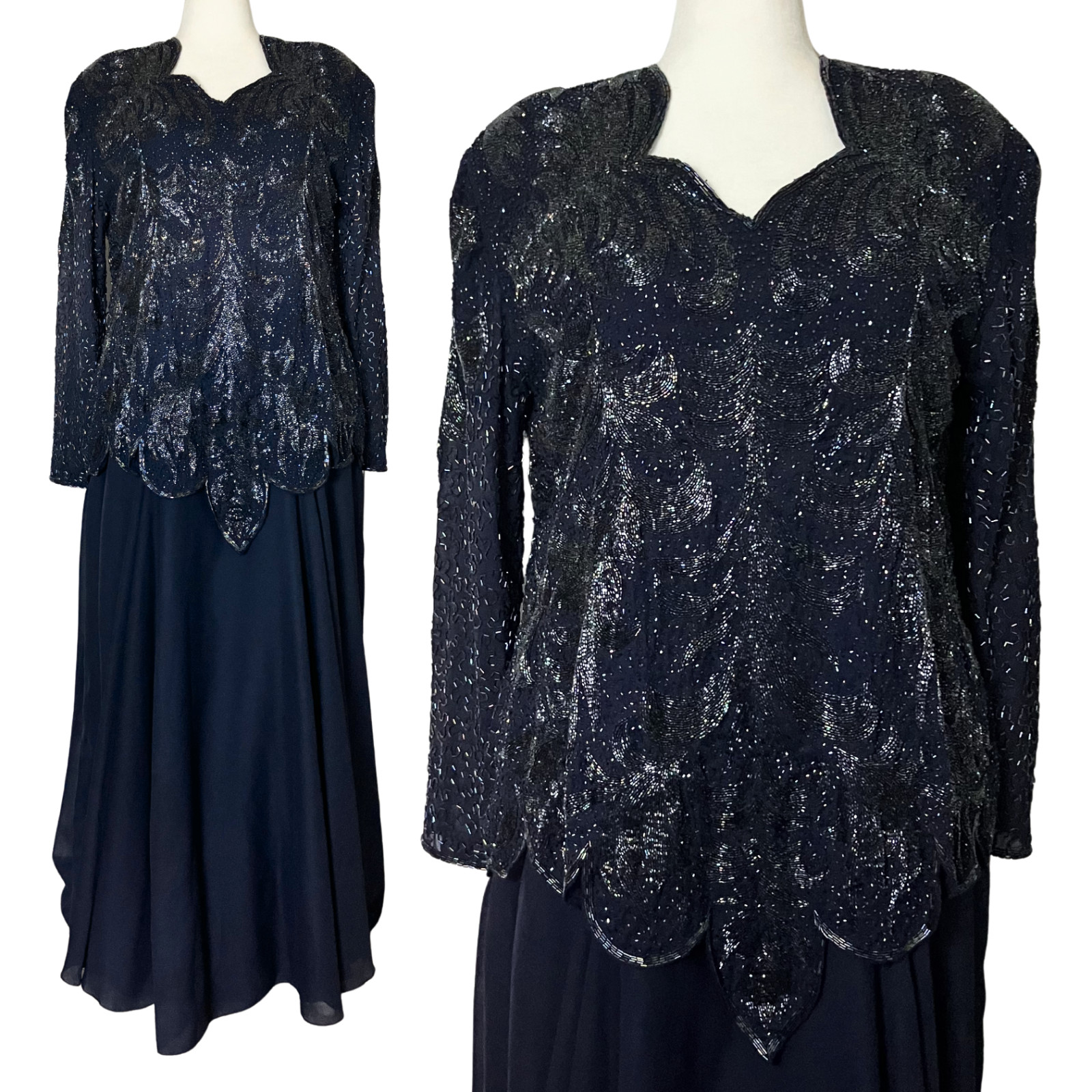 Vintage 80s 90s Navy Blue Beaded Formal Dress Long Sleeves. XL/XXL. Modest