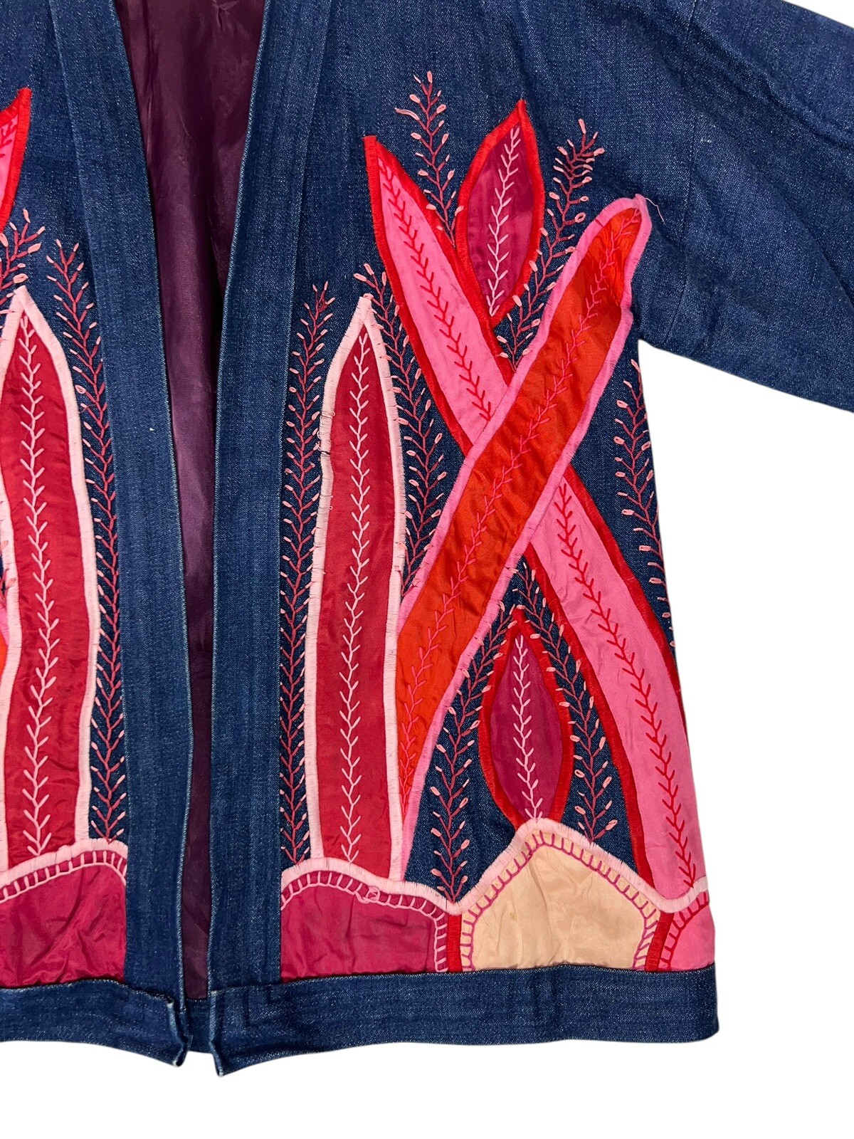 Vtg Judith Roberts La Coleccion Fiber Art Denim Kimono Coat Satin Snake Plants L