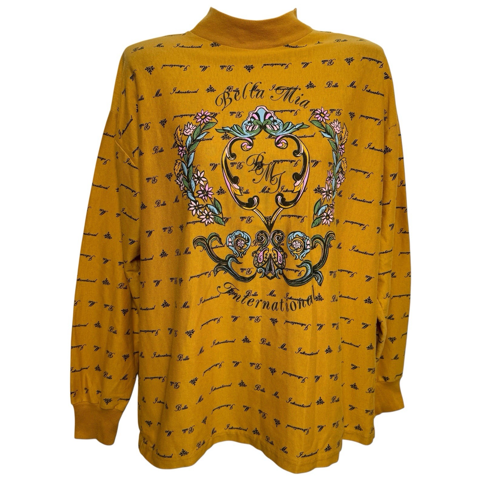 Vintage Bella Mia Mock Neck Top L Gold Baroque Graphic Crest 90s USA