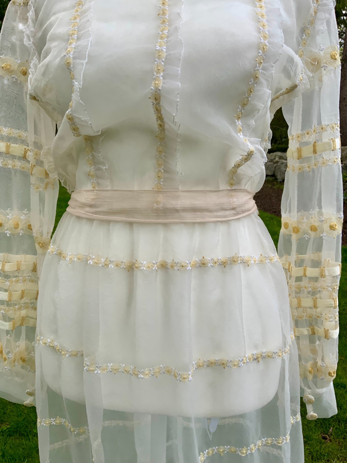 1970s Sheer Romantic Bridal Dress | Edwardian Revival Ivory with Ribbon