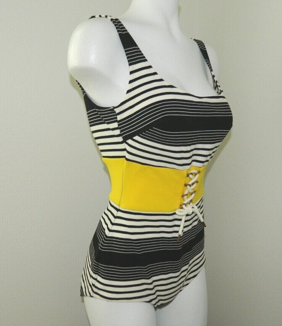 Vintage Robby Len Fashions Women Starlet Black White Yellow 1 pc Swimsuit 13-14