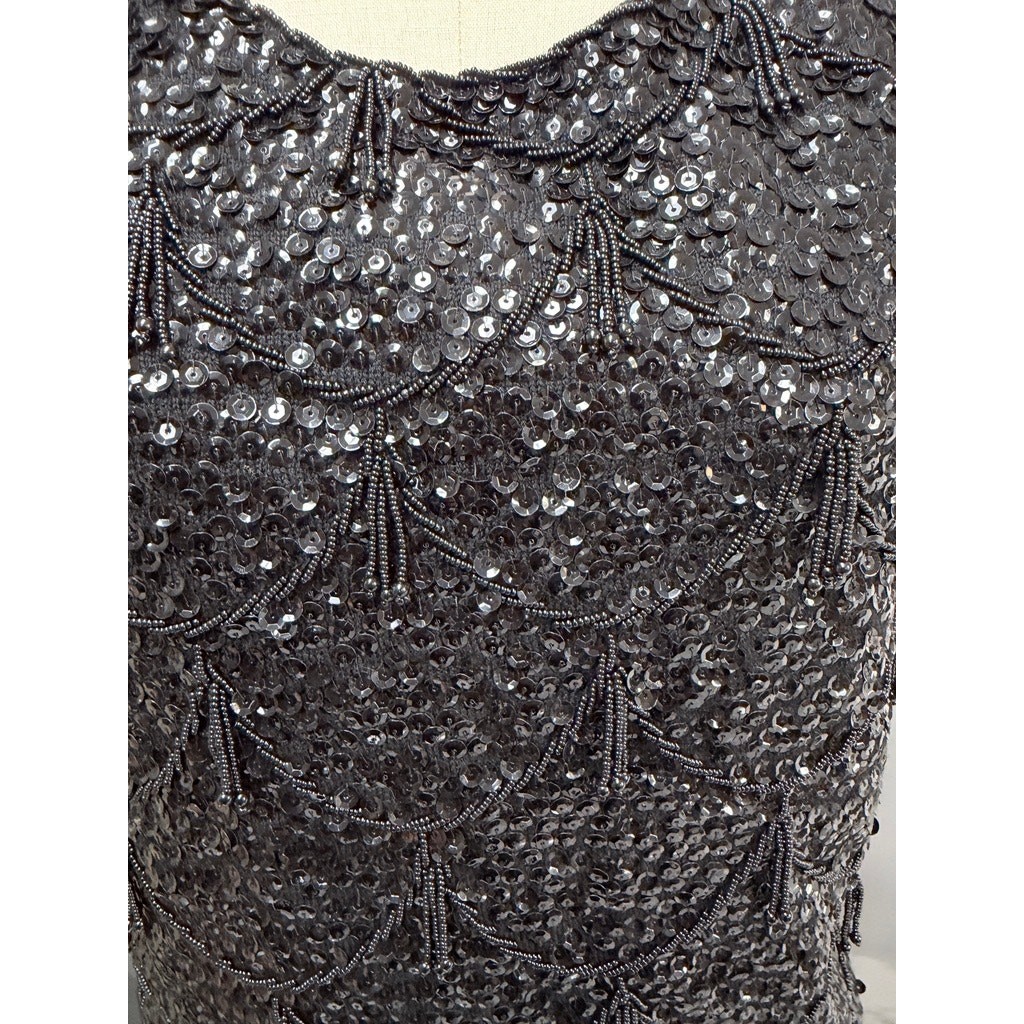 VTG 1950s Black Sequined Beaded Shell Top Wedding Cake Tassels Wool S