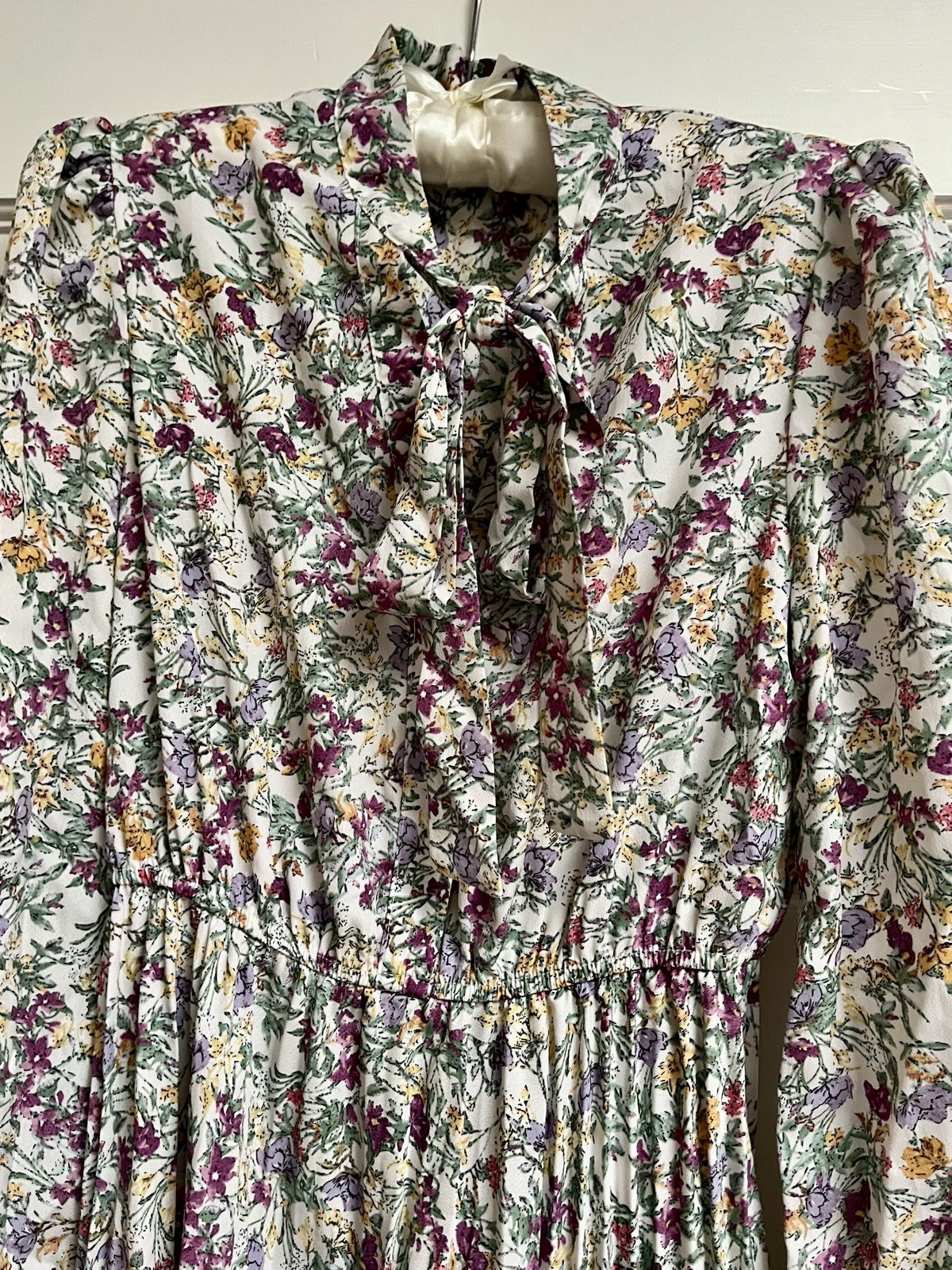 Vtg Prairie Dress Maxi Elastic Waist Bow Tie Neckline-Flowy Flowery Pleats-S/M