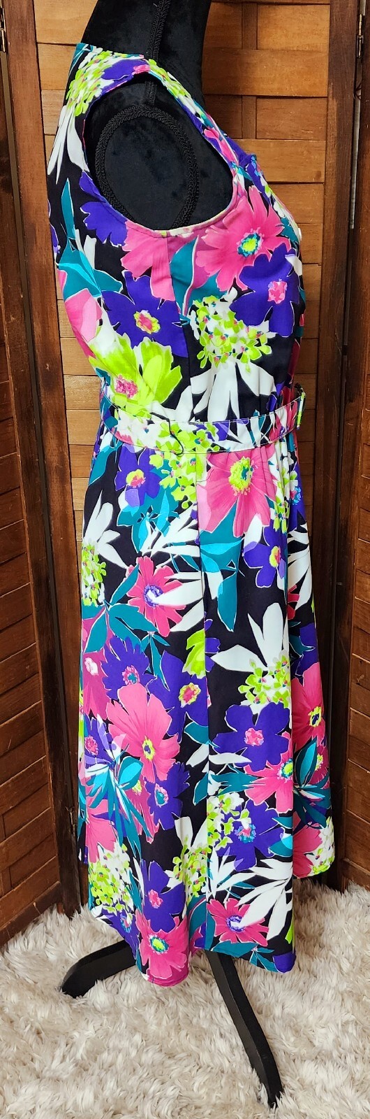 Vintage New Looks Pink & Purple Bright Floral Belted Dress With Jacket Size 8