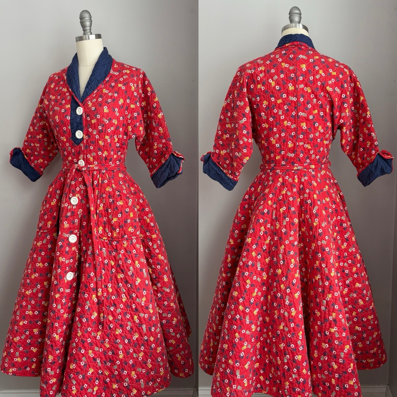 Vintage 40’s 50’s Quilted Cotton Full Circle Skirt Robe Dressing Gown Size XS