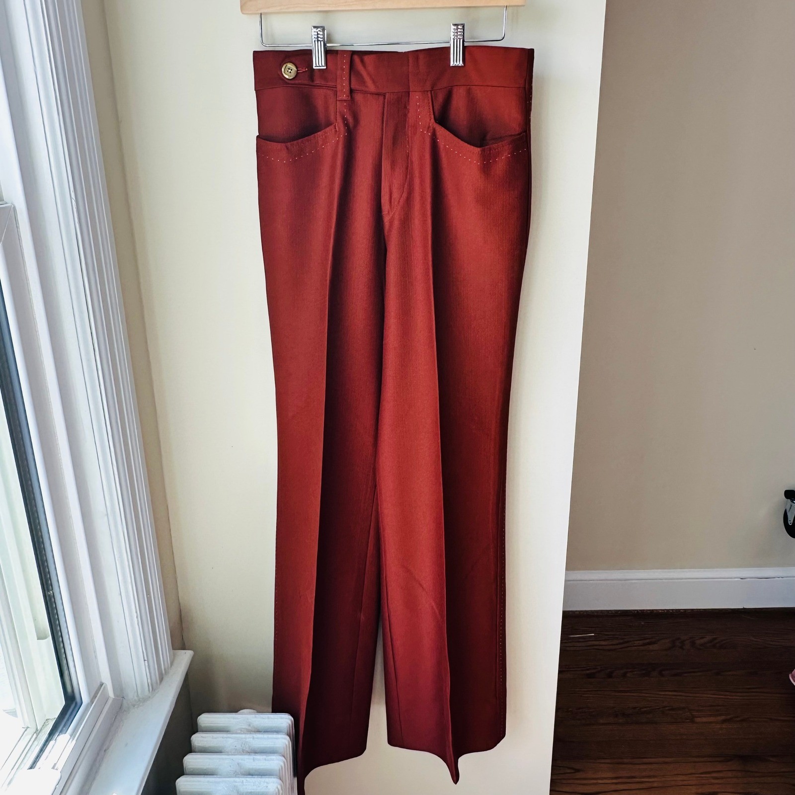 Vintage 70s Celanese Fortrel Wide Leg Trousers Rust Polyester High Rise Size 27
