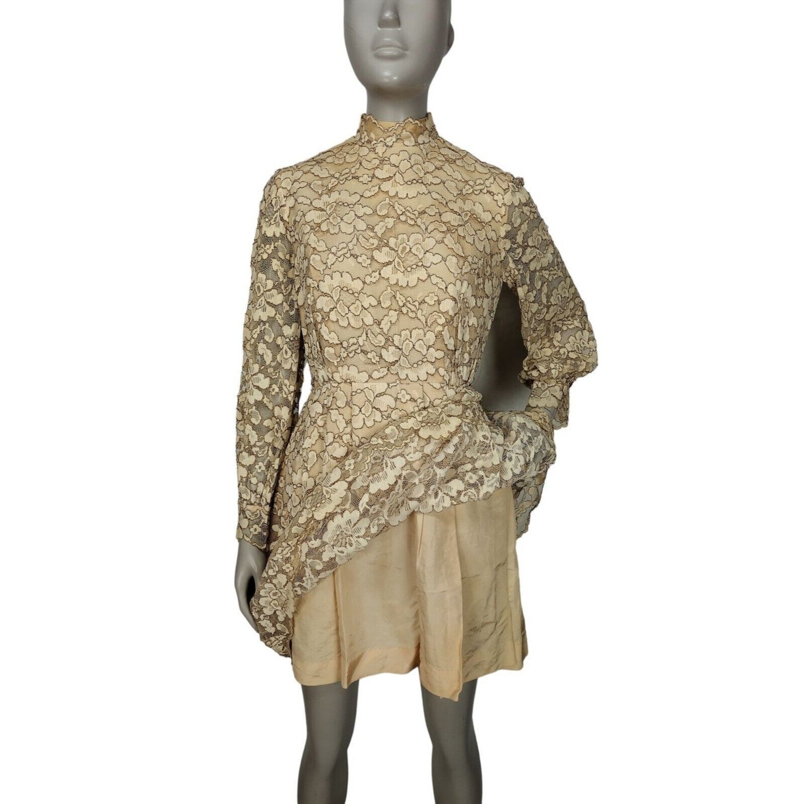 Vintage 60s Beige Gold Floral Lace Scalloped Edge Balloon Sleeve Mini Dress