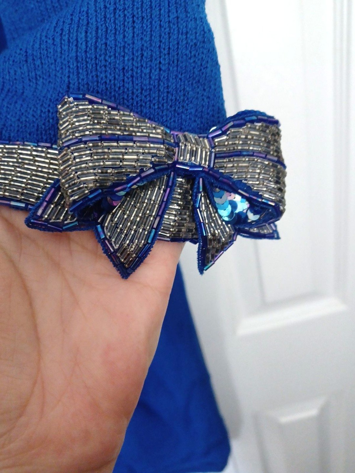 VINTAGE DON SAYERS For WELLMORE Blue Beaded 3D Bows On Sleeves SWEATER DRESS 12