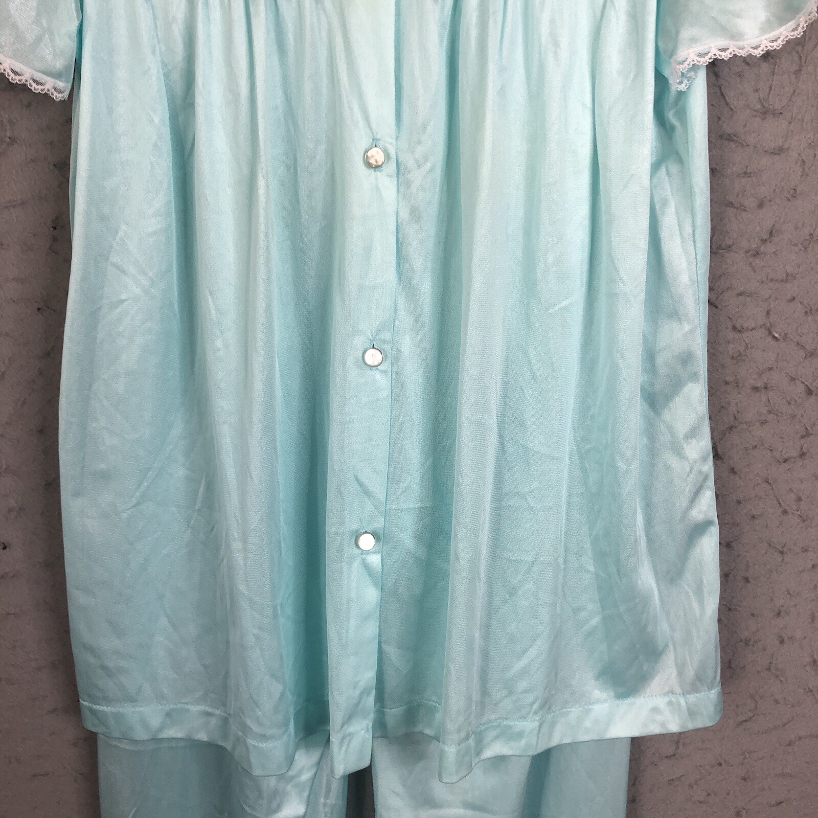 Vintage Coquette Pajamas Womens SMall Blue Nylon Silky Feminine Lace Trim Retro