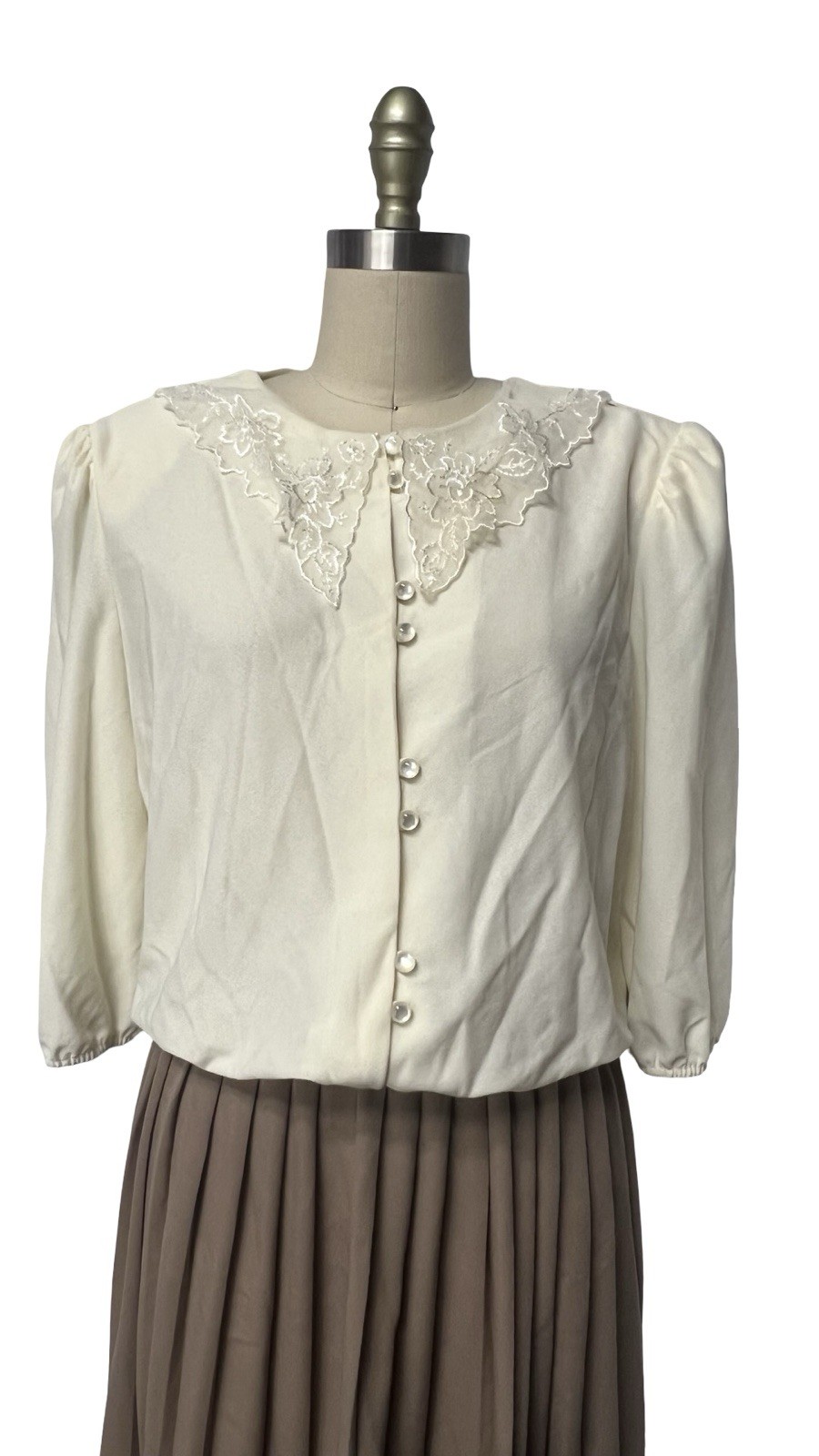 Vintage 80s Neutral Polyester USA Made Embroidered Collar Secretary Dress Sz 18