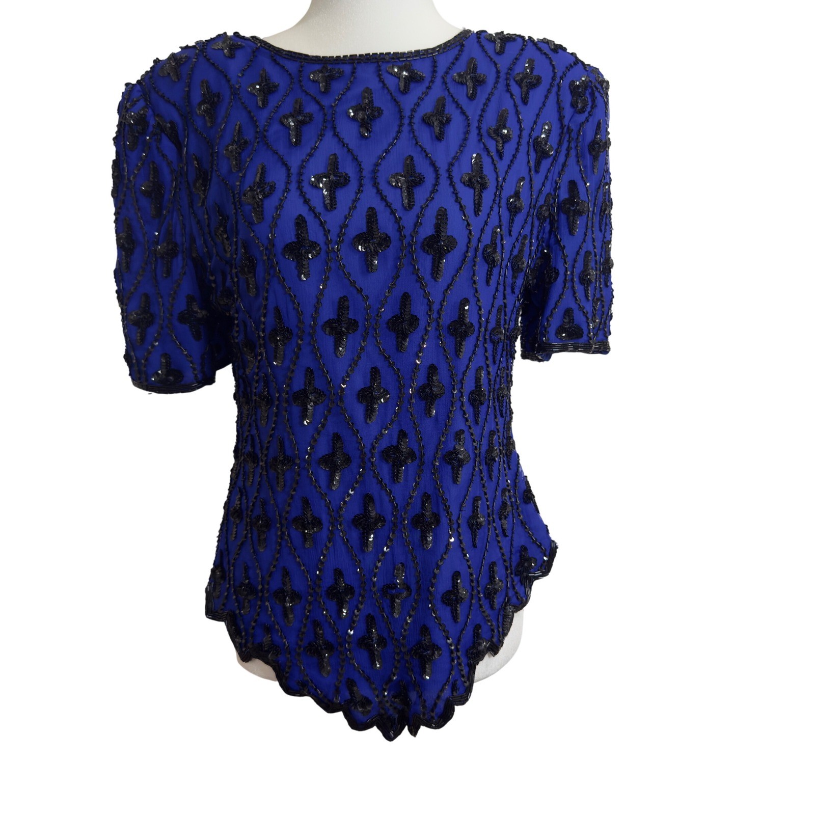 Vintage Laurence Kazar Silk Beaded Sequin Evening Top Blue Cocktail Blouse
