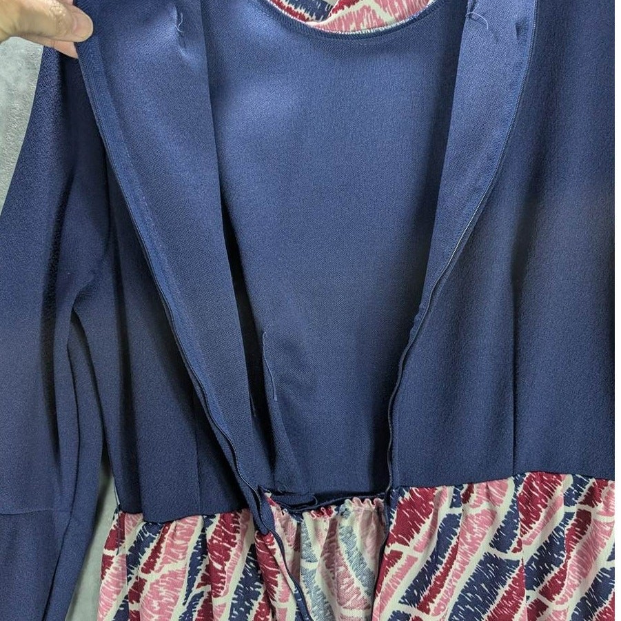 Vintage Maxi Dress Womens Size 14 1/2 Navy Geometric Long Sleeve Zip Retro 70s