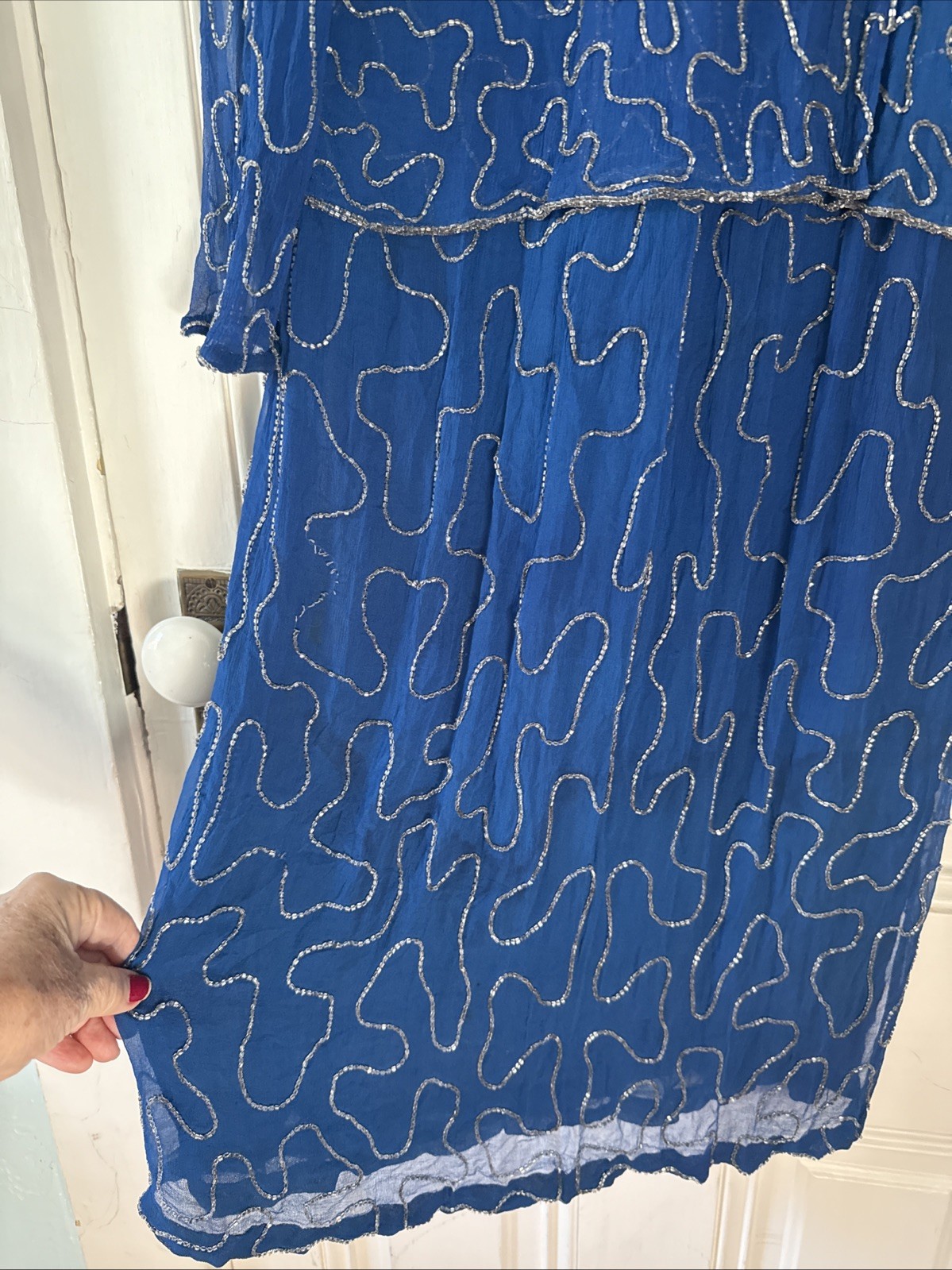 Vintage 80s Glam Cassis- Blue & Silver Hand Beaded Silk Midi Dress – Size M