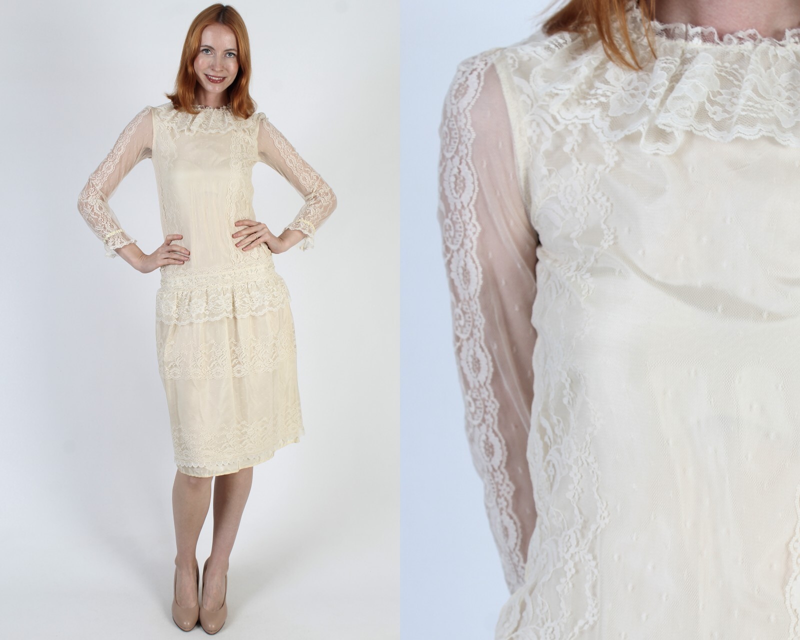 Vtg Country Elegance Cottagecore Dress Sheer Drop Waist Deco Prairie Peasant