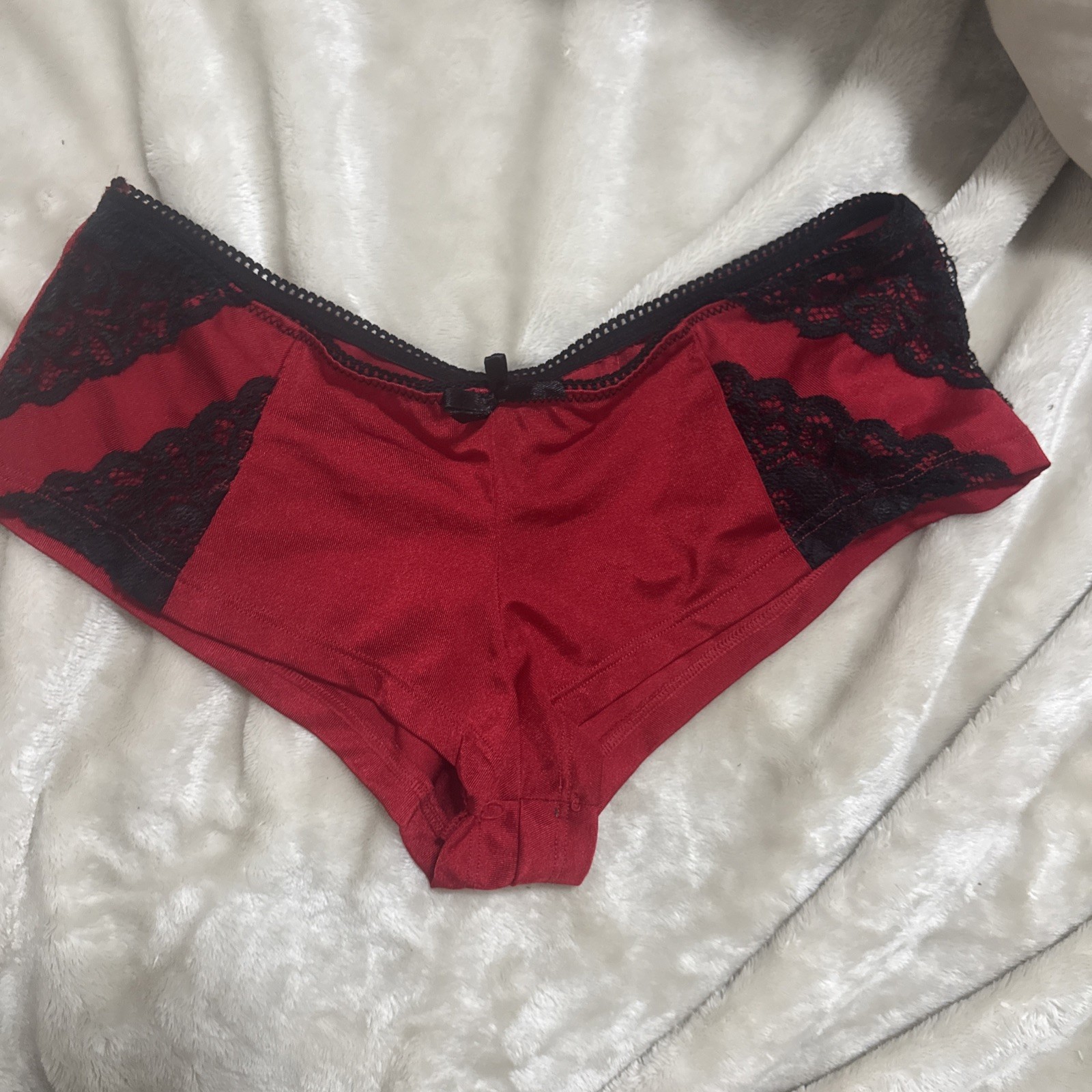 Vintage Black Fuchsia Satin Red Black Lace Sides Bikini Panty Stretch Sexy