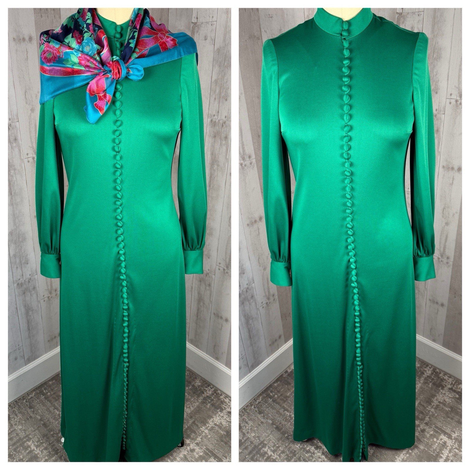 Vintage 1970s MOD Emerald Green Maxi Gown Elegant Poly Retro Size L/12