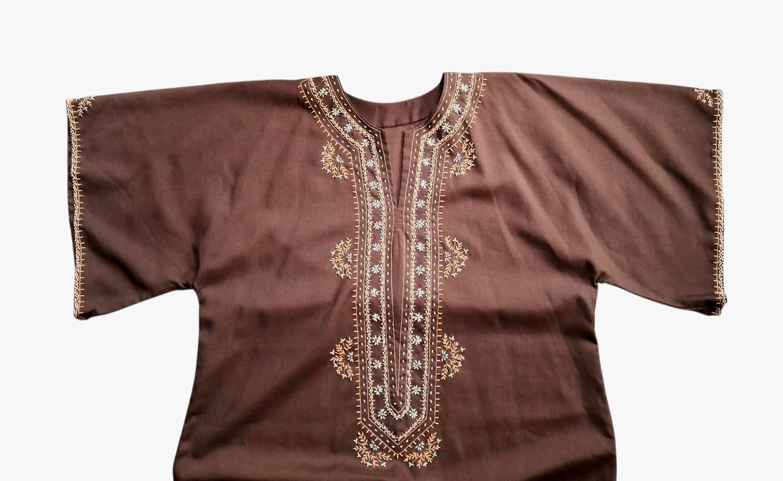 Vintage Brown Embroidered Kaftan Caftan Maxi Dress Boho Modest One Size Handmade