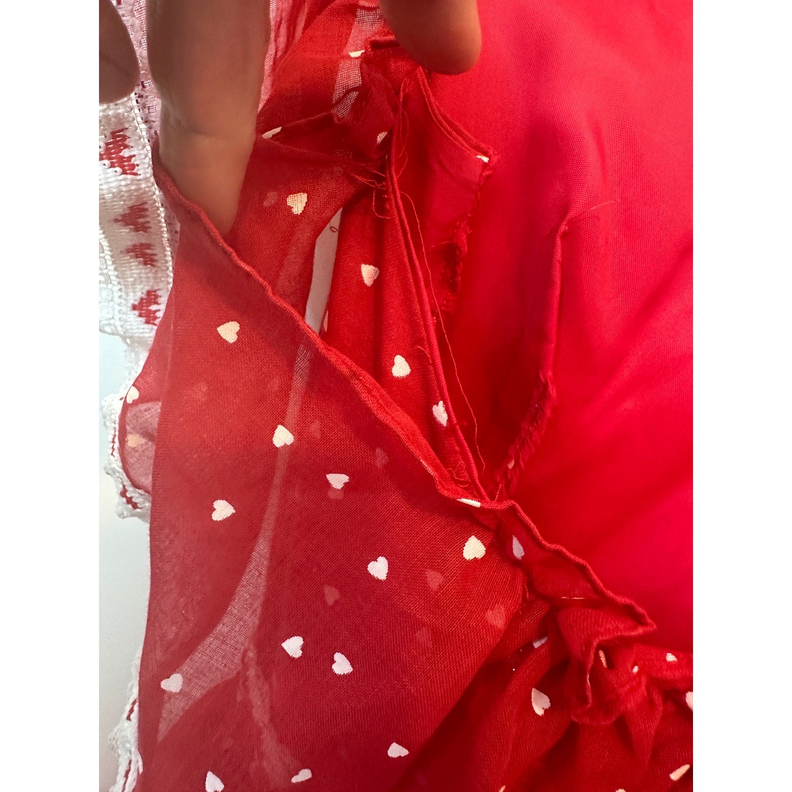 Flirtations VTG Red Heart Print Tiered Maxi Dress Lace Trim Ruffle 7/8 Red White