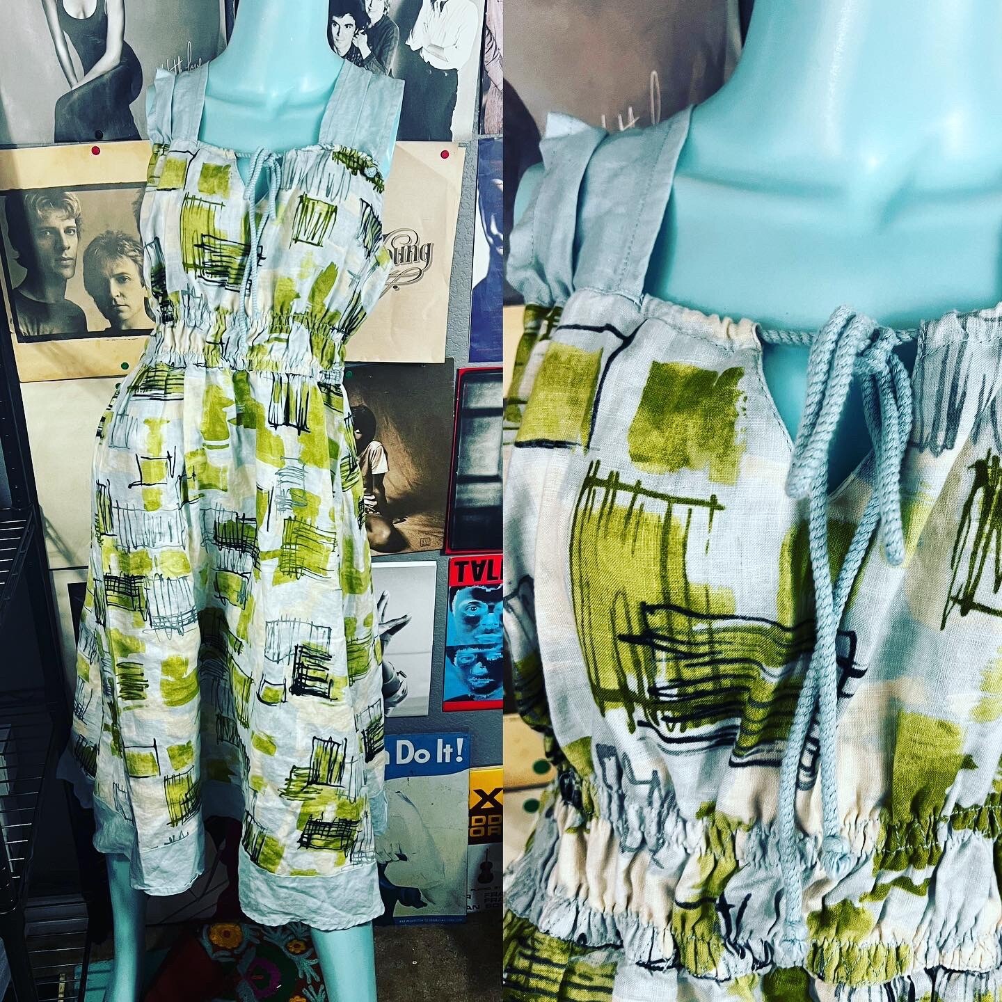 💚 VINTAGE COTTON LINEN BLEND ART GEO PAINT DRAWING MIDI DRESS SIZE 10