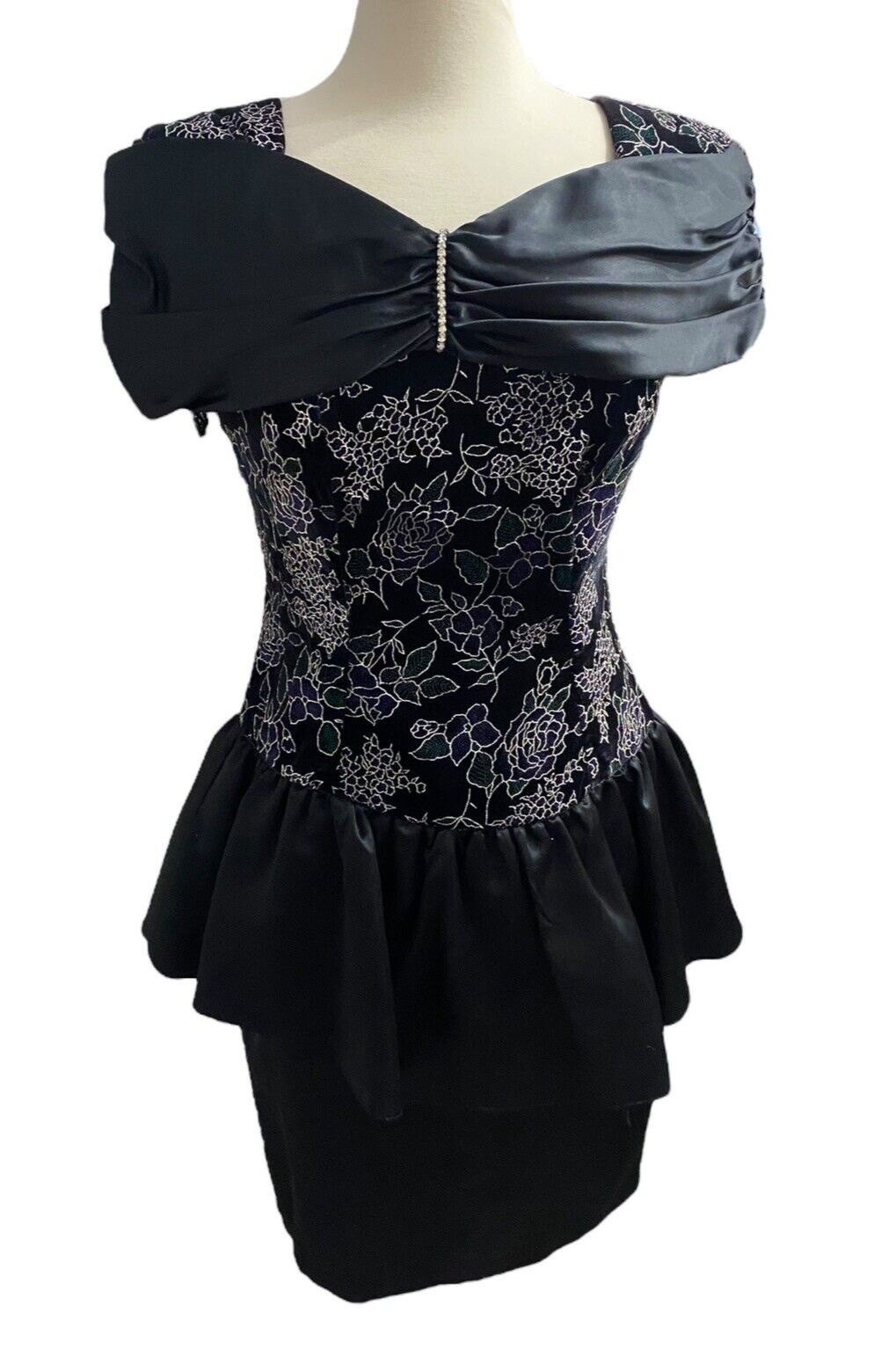 Vtg 80s Womens Ariana Black Peplum Dress Size 11 Juniors