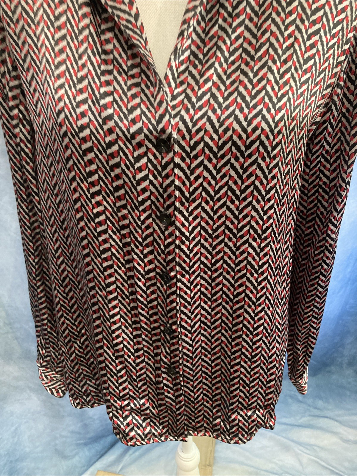 Vtg 80s 90s Gianni Rayon Satin Blouse Geometric Chevron Pads Shawl Collar 14 M