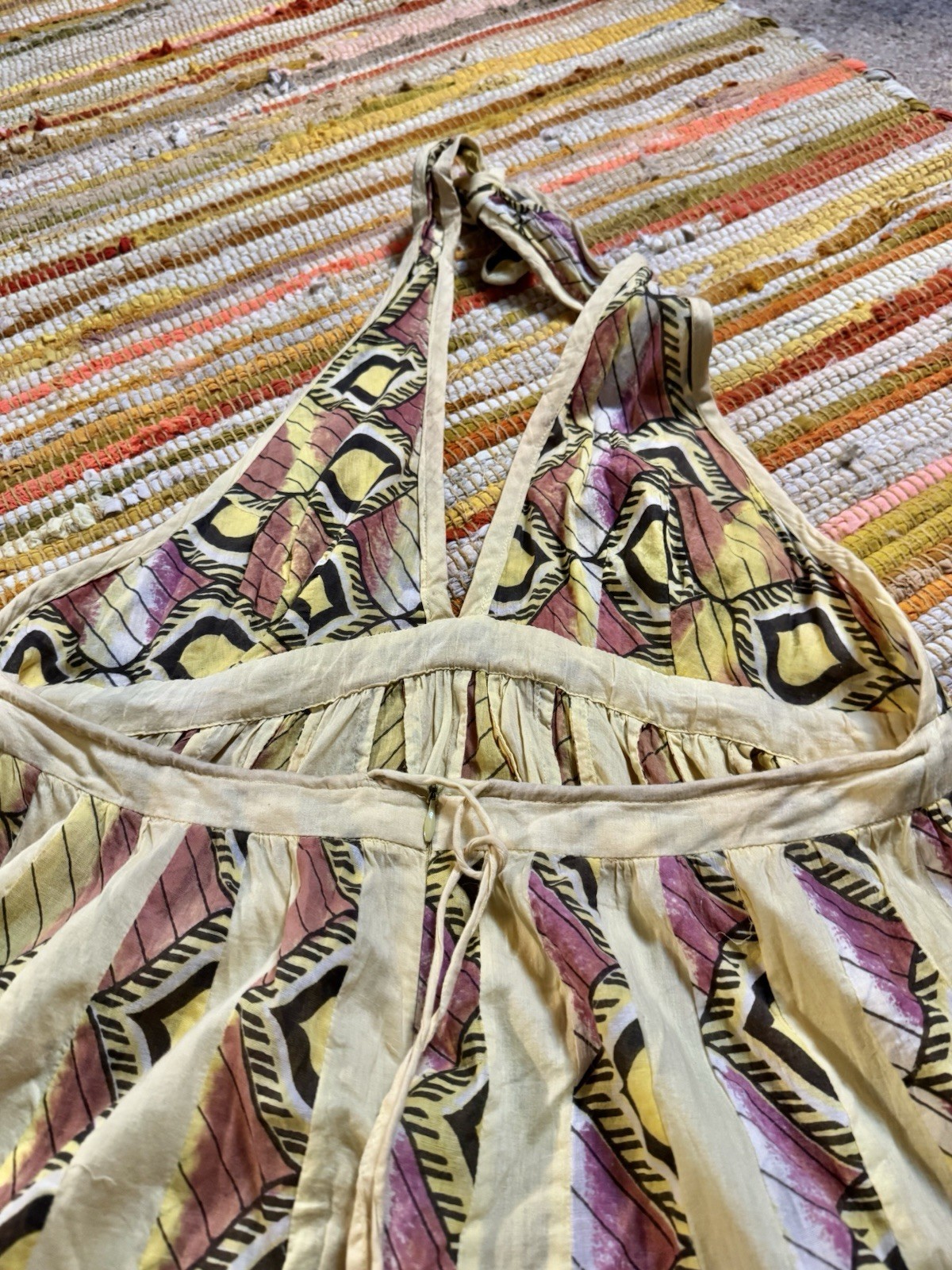 Vtg Yellow 70s Halter Gauze Cotton India Maxi Dress Full Sweep Hostess Boho Glam
