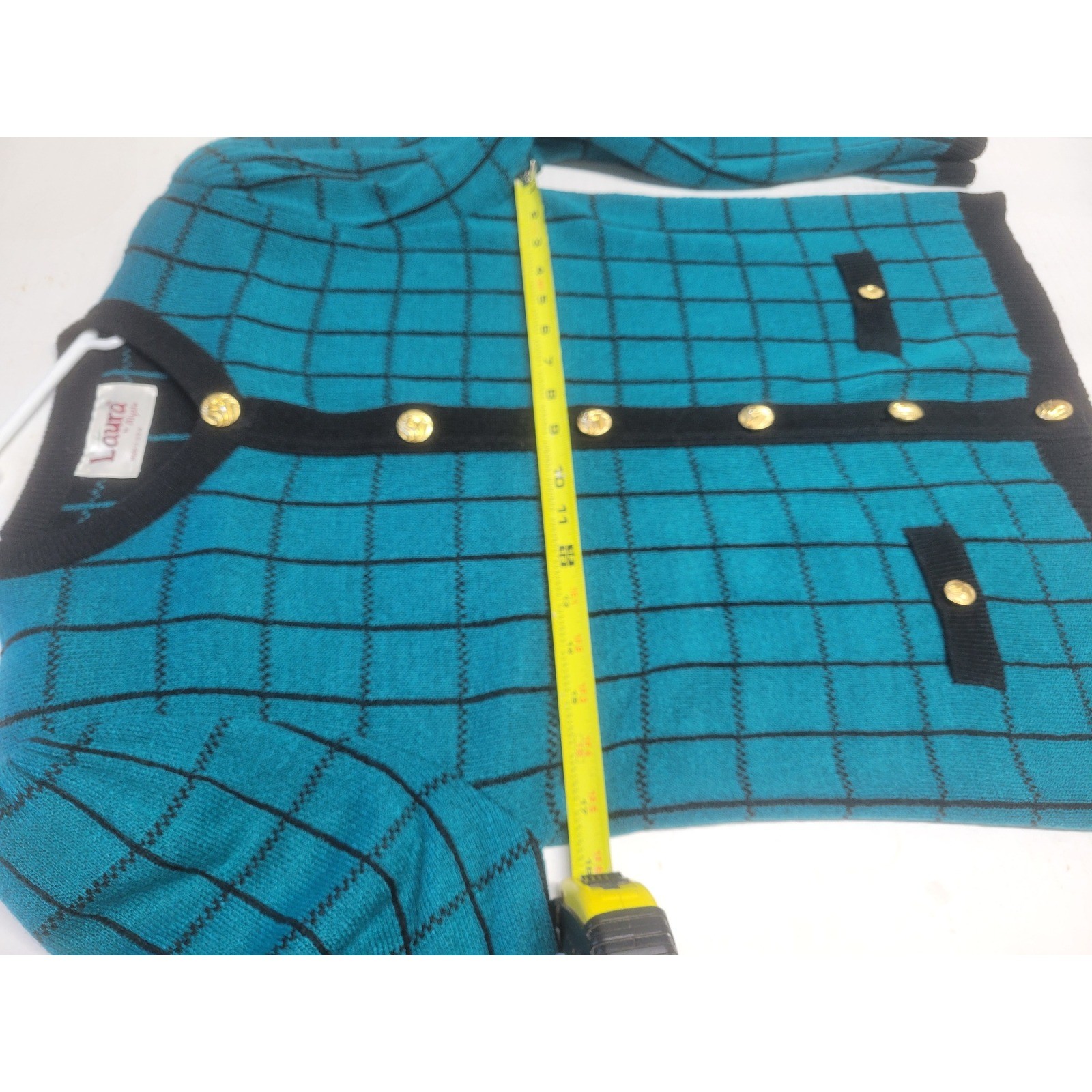 Vintage Laura by Alyzia Teal Black Grid Cardigan Sweater Gold Buttons USA Made