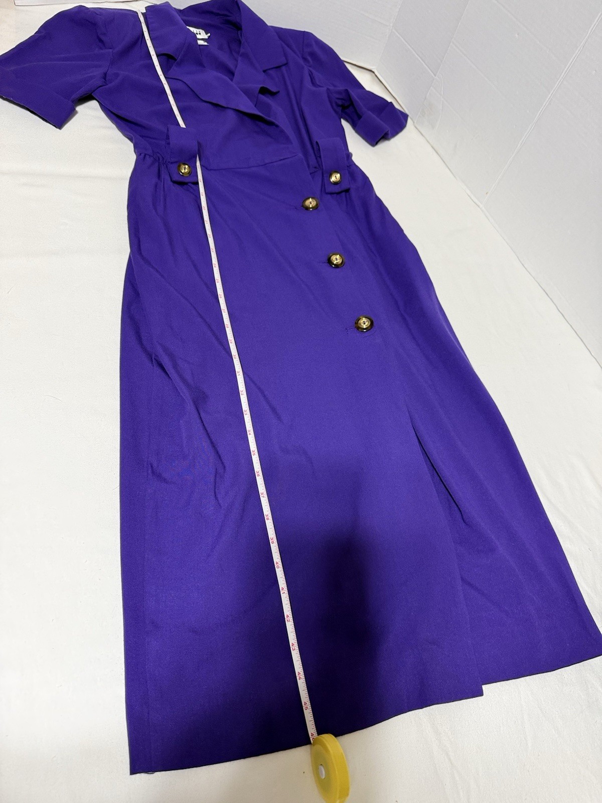 Vintage 80s Leslie Fay Purple Power Dress Gold Button Midi USA Womens 8