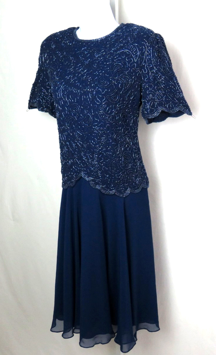 VTG 1980s BRILLIANTE BY JA BLUE BEADED DRESS SIZE PM POLY CHIFFON