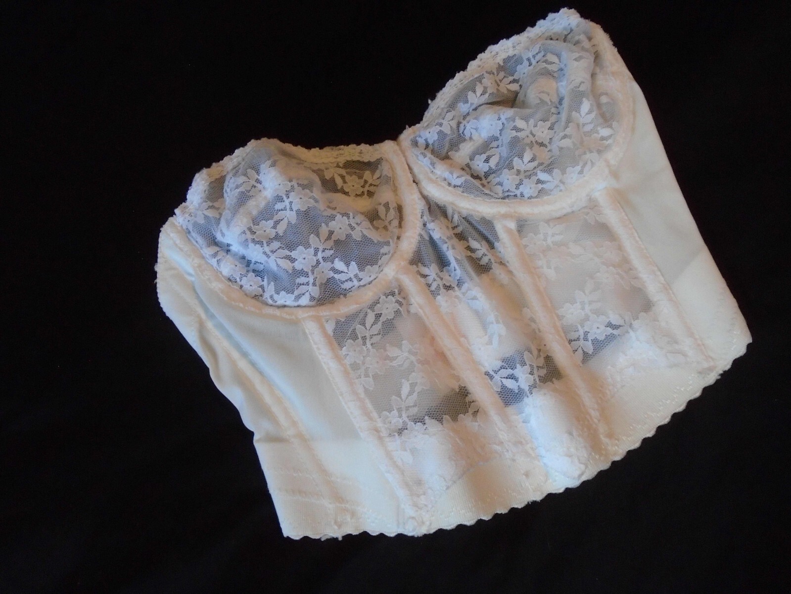 34C White Sheer Lace Boned Vintage YOUNG SMOOTHIE Backless Bustier Bra #480 34C
