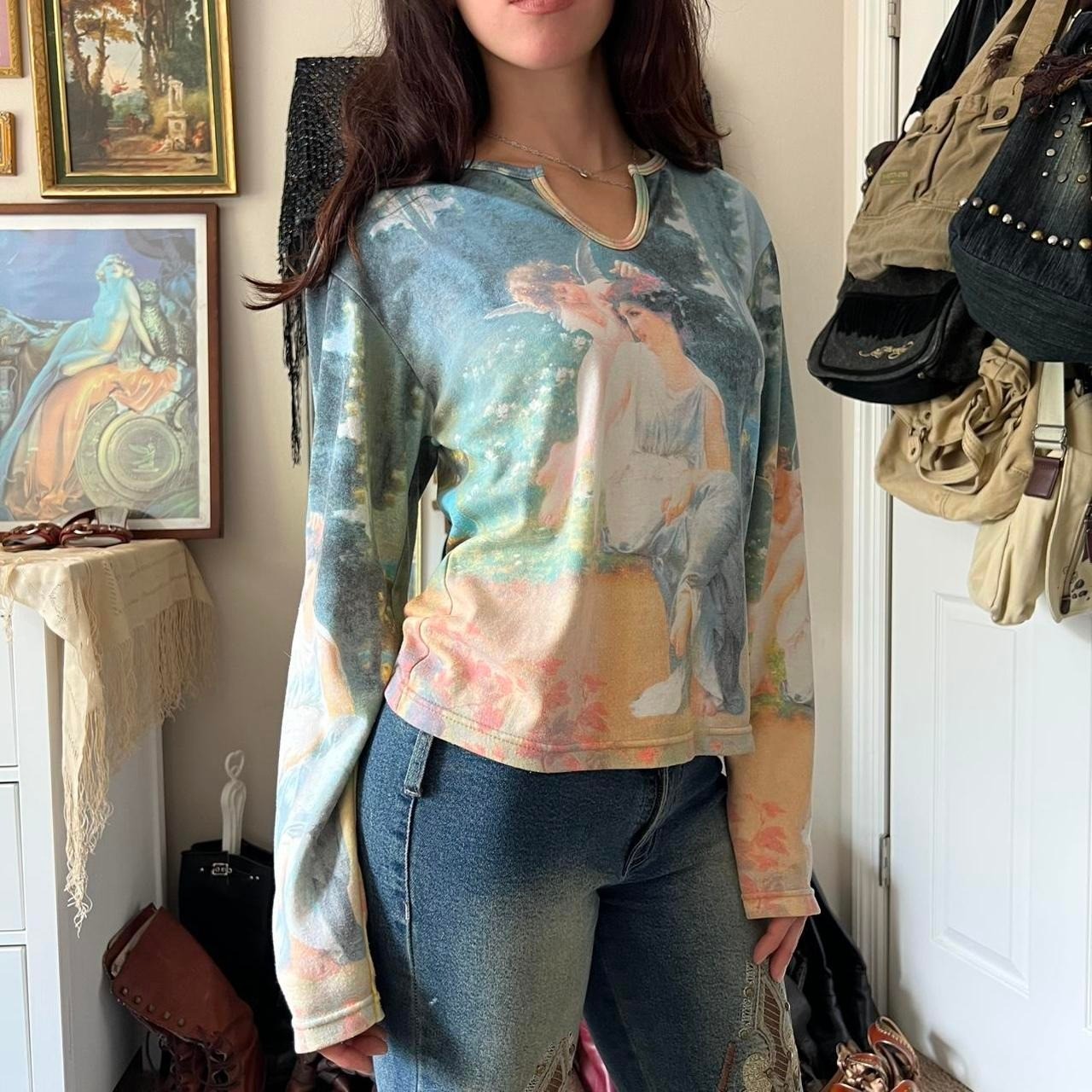 P&N Vintage 2000s Fairy All Over Print Long Sleeve Top Blue Fairycore Y2K M