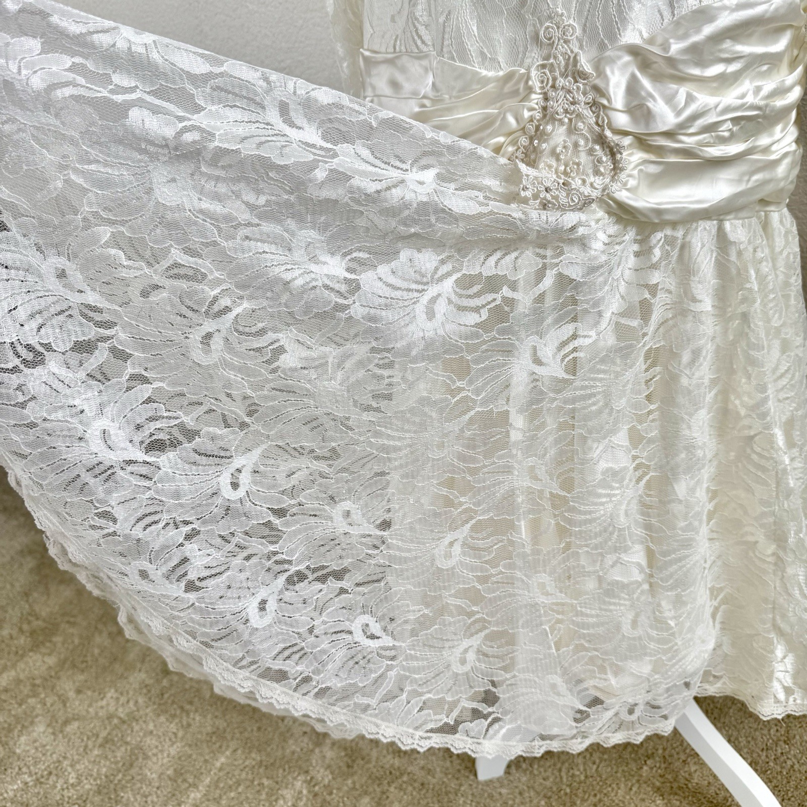 Vintage 80s Bonnell White Lace Chiffon Hi Lo Dress Wedding Prom Party Deco Sz M