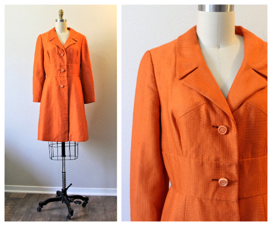 VTG 60s HARRODS – I. MAGNIN of California Orange Silk Fitted Coat Paris