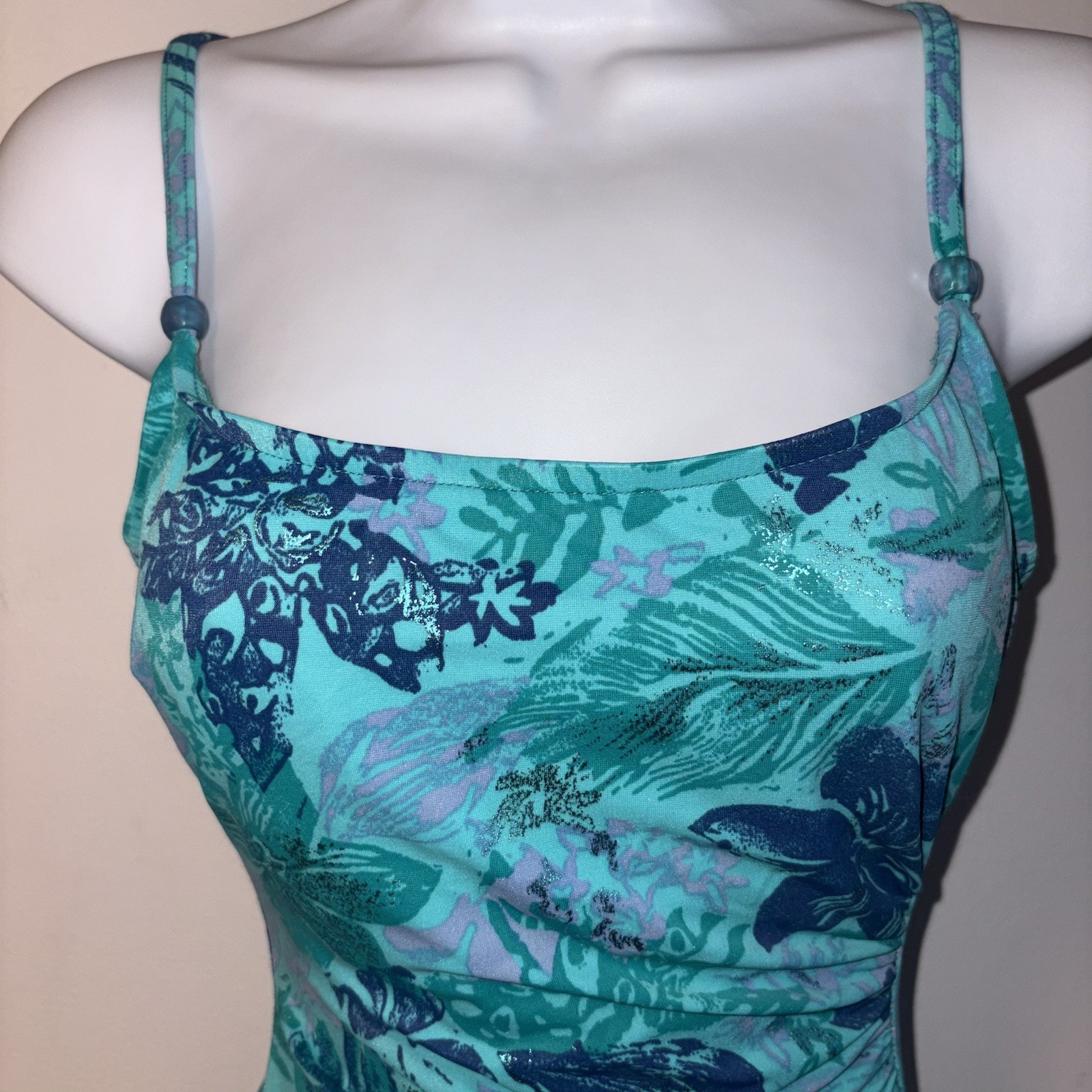 Vtg Cole Of California 90’s One Piece Swimsuit Size 8 Blue Floral Metallic Print