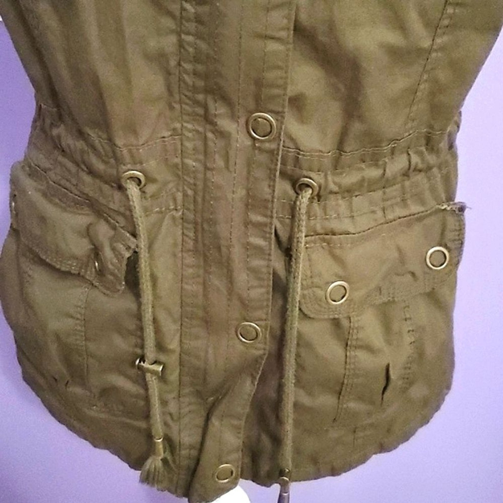 VTG Snobbish Olive Military Utility Cargo Sleeveless Hooded Tied Waist Jacket M