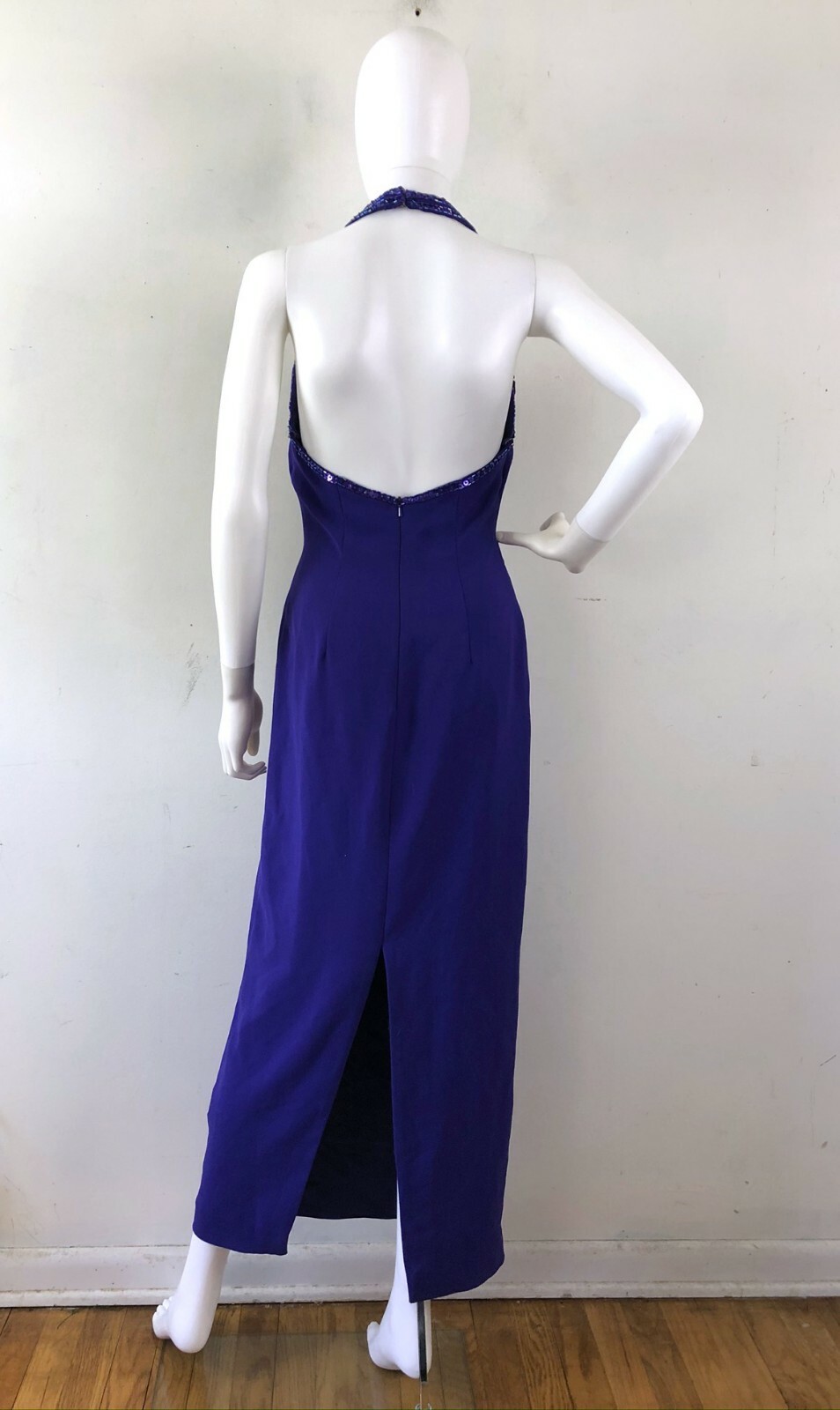 Vintage Dress Purple Halter Gown Size 6 Small Beaded Evening Ankle Length 1980s