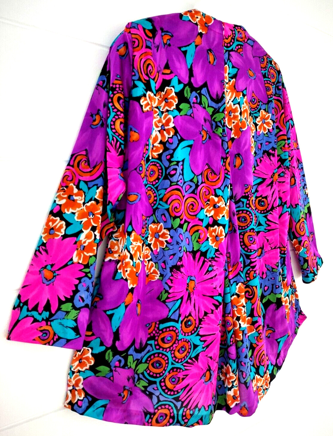 Vtg 80’s Psychedelic Floral A-line Top Sz S by De Weese Long S Cover-up Pockets
