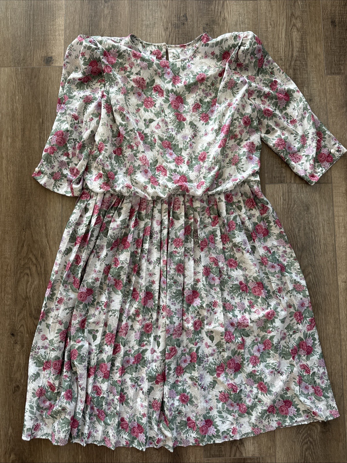 Vtg 80’s Floral Dress M/L Cottage Core Modest Pleated USA California Looks E4