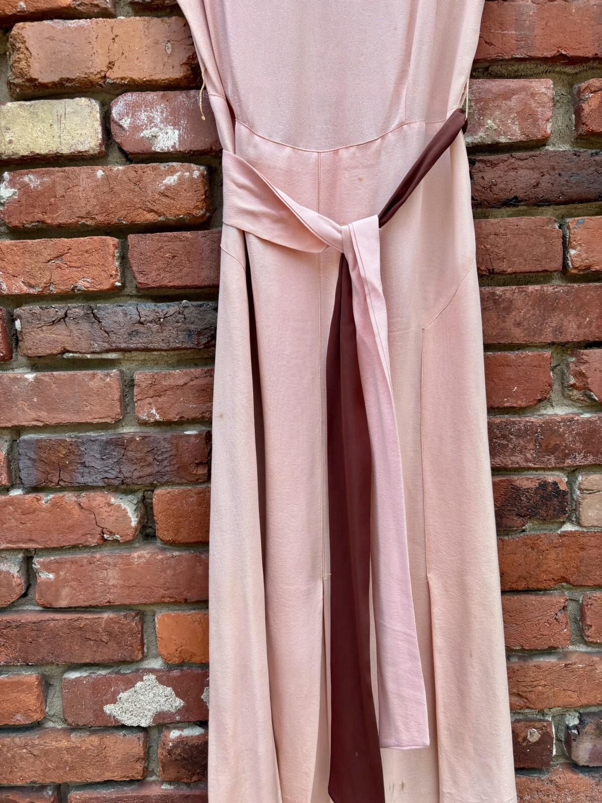 Antique Vintage 1930s Silk Rayon Pink & Brown Sleeveless Dress w/ Belt AS IS