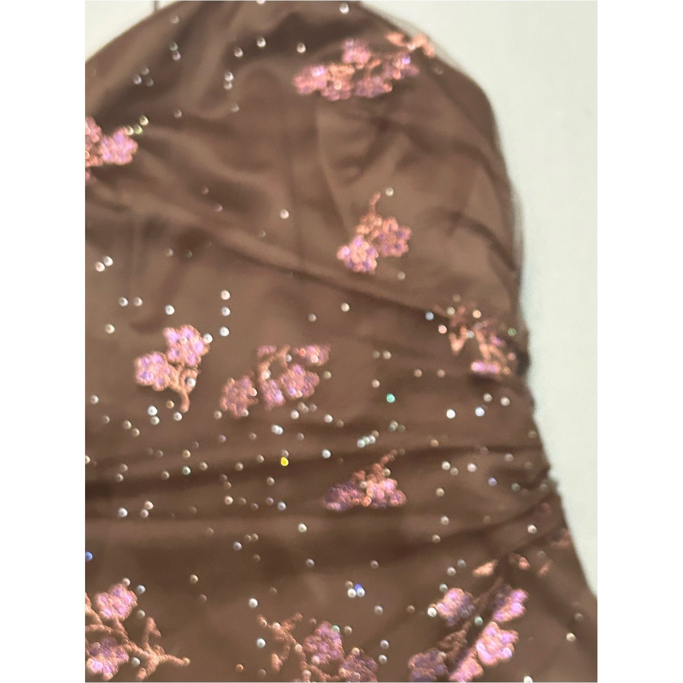 Vintage Y2K 90’s Onyx Nite Brown Satin Party Dress w/ Sparkles and Lace Overlay