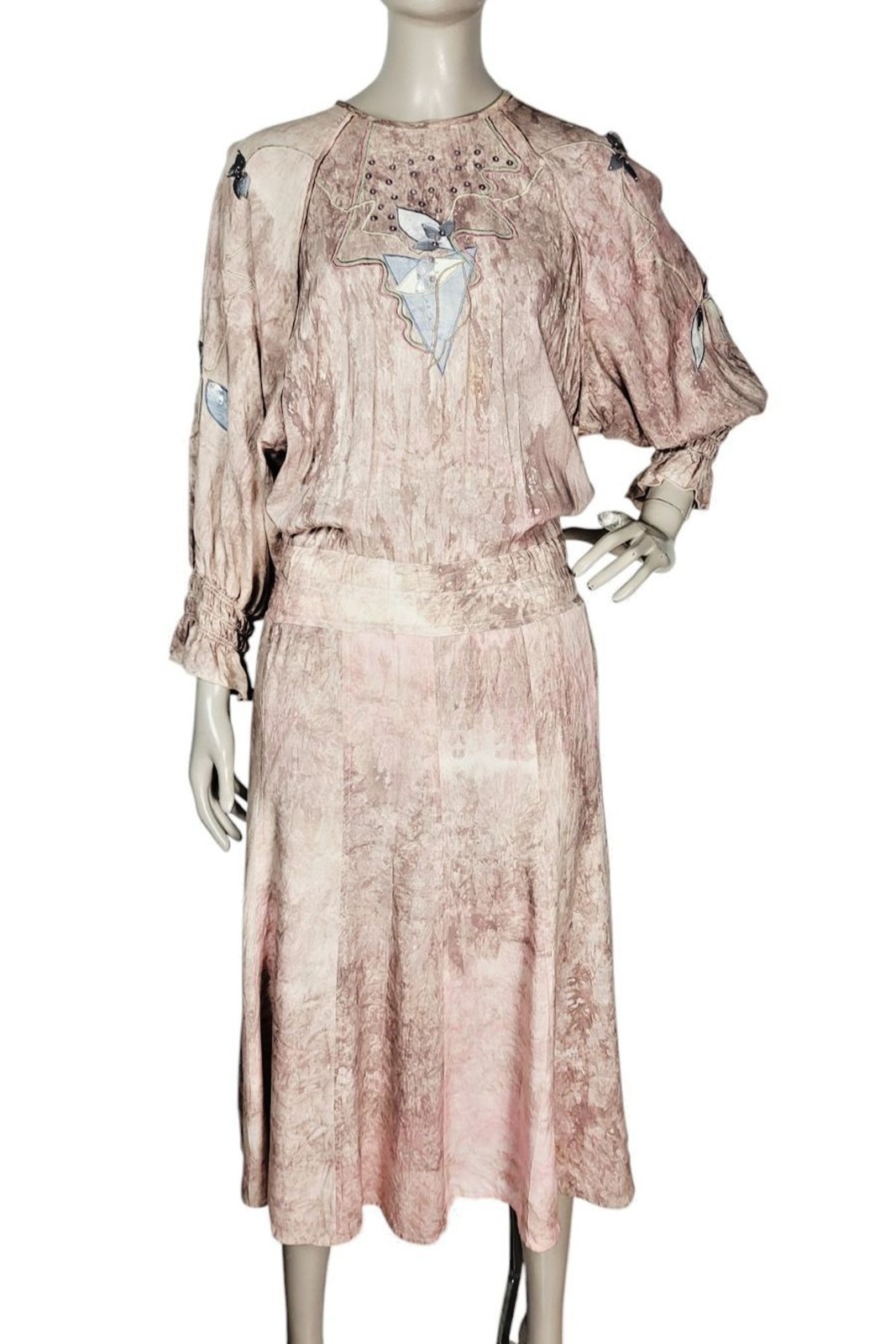 VTG 80s Marc D’Alcy Paris Hand Dyed Beaded Embroidered Floral Artsy Boho Dress