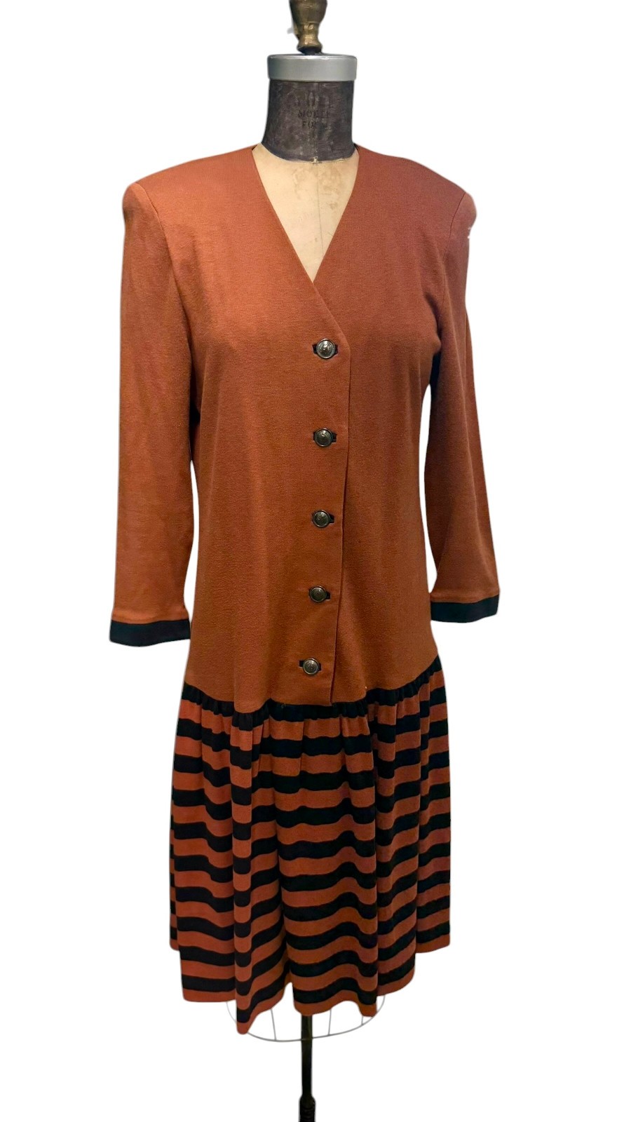 Vintage 1980s N.R.1 By Ned Gould Rust Colored Striped Drop Waist Dress Sz 14