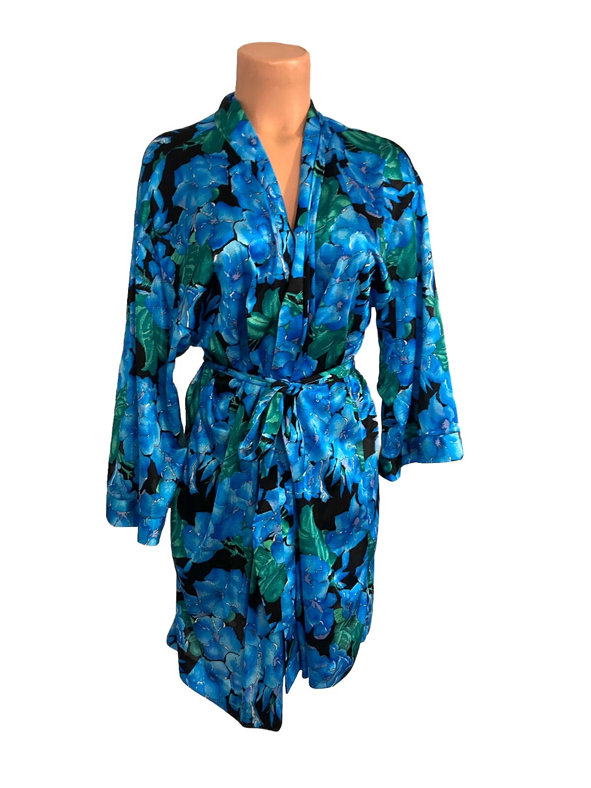 Vtg 70s Swimwear Cover Up Kimono Robe by Roxanne L Blue Flowers Floral Black