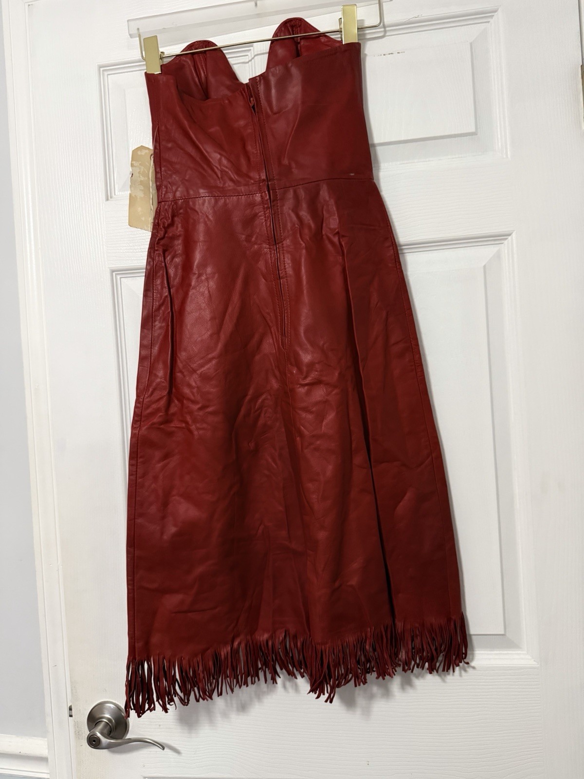 Vintage Red Genuine Leather Fringe Strapless Dress Western Cowgirl Boho