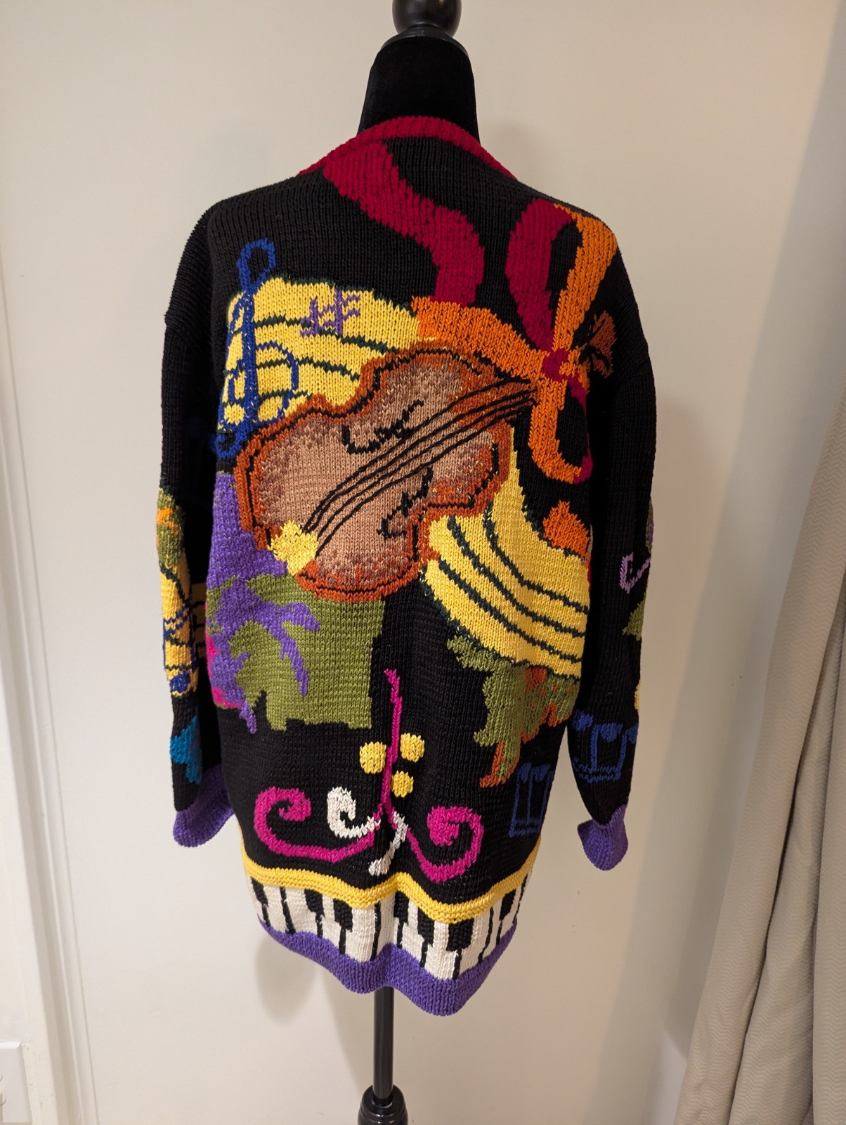 Vintage 1990s Berek Marta D Hand Knit Cardigan Sweater Large Cotton Music Band