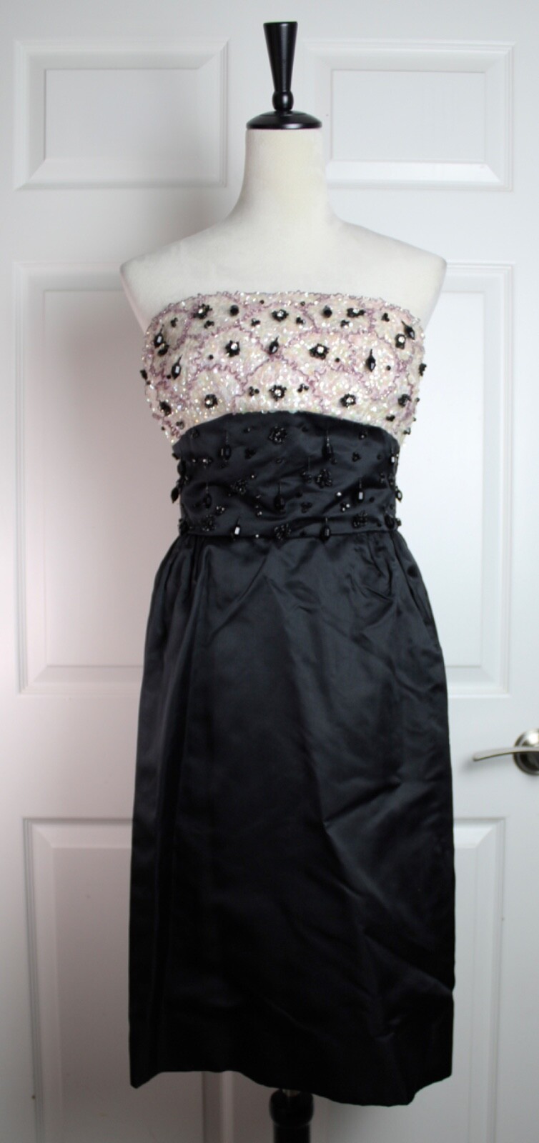 VTG Black Satin Sleeveless Dress Ivory Bodice Beaded Sequin Conmatic Zipper XS/S