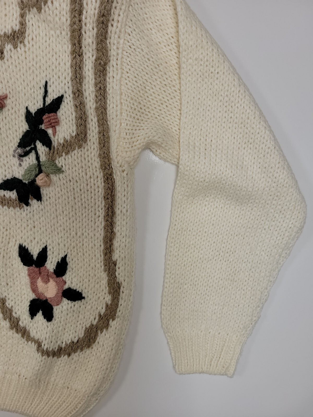 80s 90s Vintage Jamie Scott Tan Knit Floral Cottagecore Sweater Cardigan Women M